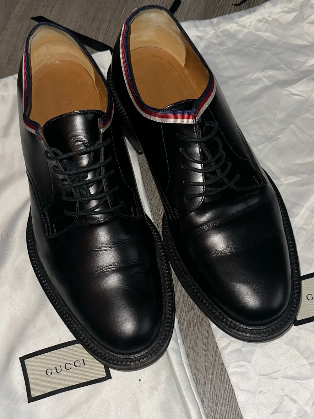 GUCCI Black Leather Navy Signature Web Lace-up Dress Shoes Size 10
